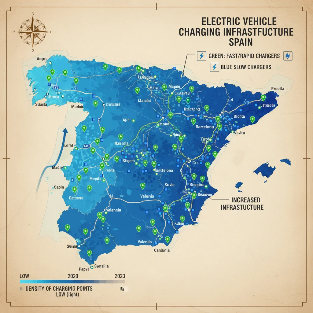 Mapa de España mostrando la densidad y distribución de puntos de recarga para vehículos eléctricos en diferentes comunidades autónomas.