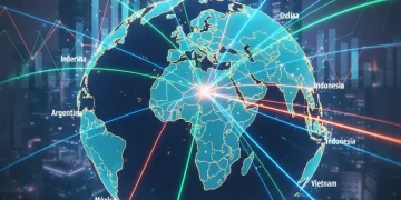 Mapa global con rutas comerciales desde España hacia mercados emergentes, simbolizando el crecimiento exportador.