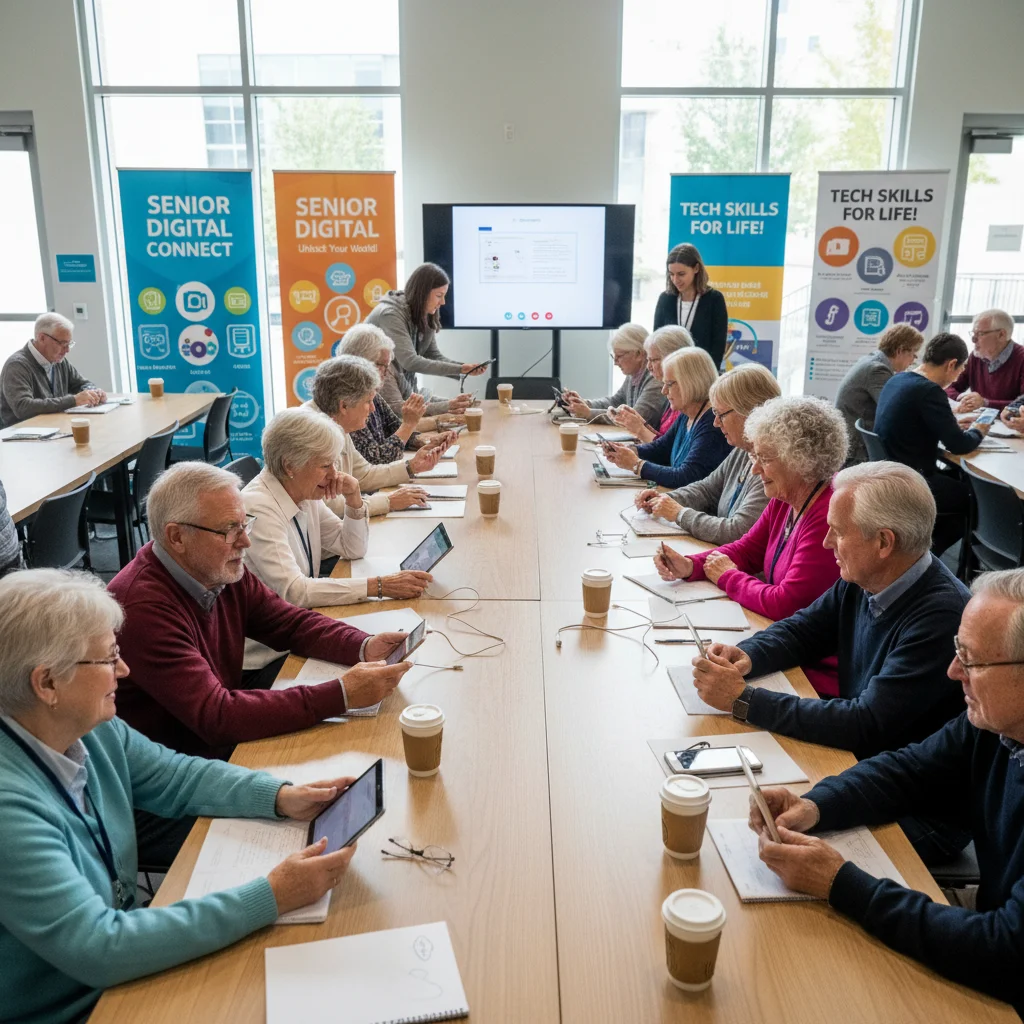 Personas mayores aprendiendo a usar tecnología en un taller, mostrando la adaptación digital en la tercera edad.
