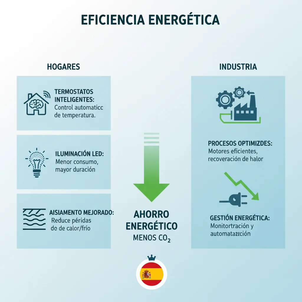 Infografía detallada con medidas de eficiencia energética para hogares e industrias, destacando el ahorro de consumo.