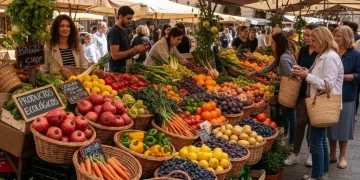 Mercado vibrante con frutas y verduras ecológicas frescas en España, reflejando la tendencia de alimentación saludable.