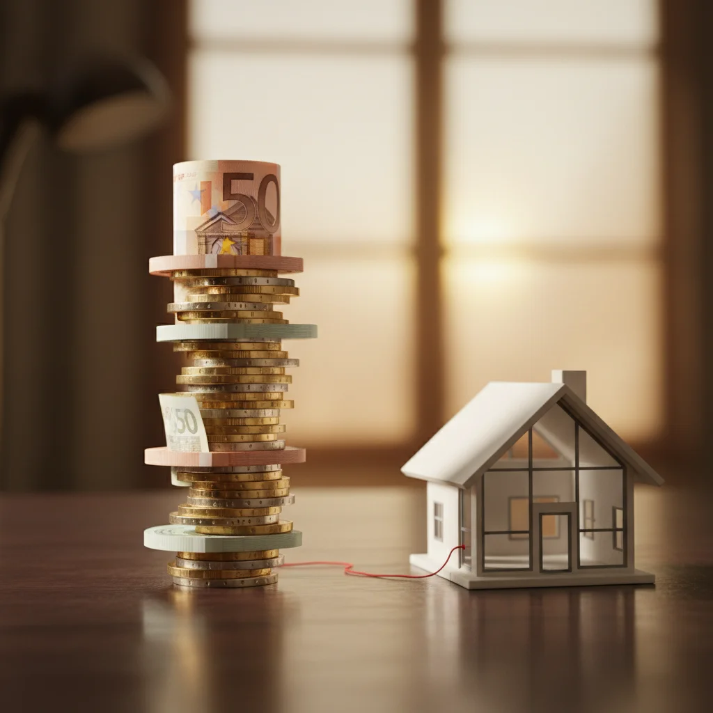 Pila de monedas y billetes junto a una casa en miniatura