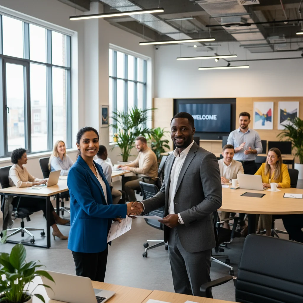 Profesionales realizando networking y sellando un acuerdo laboral en un entorno de oficina.