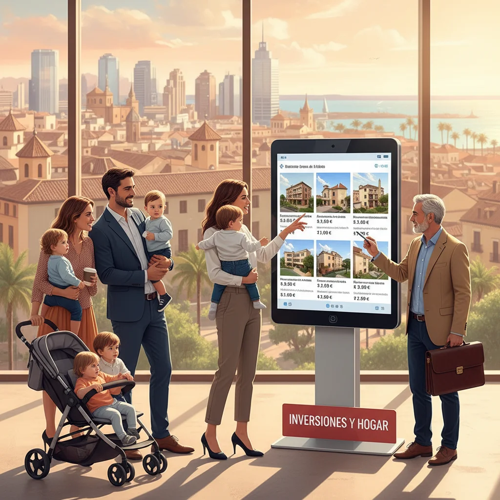Familias y profesionales revisando oportunidades de inversión inmobiliaria en España.