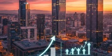 Panorama urbano de una ciudad española al atardecer, simbolizando el crecimiento del mercado inmobiliario.