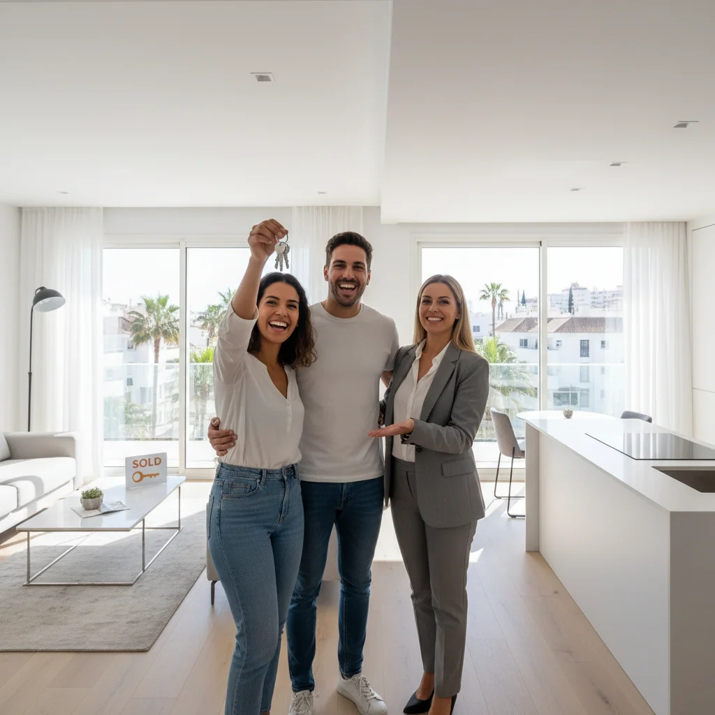 Pareja joven recibiendo las llaves de su nueva vivienda en España, símbolo de la demanda residencial.