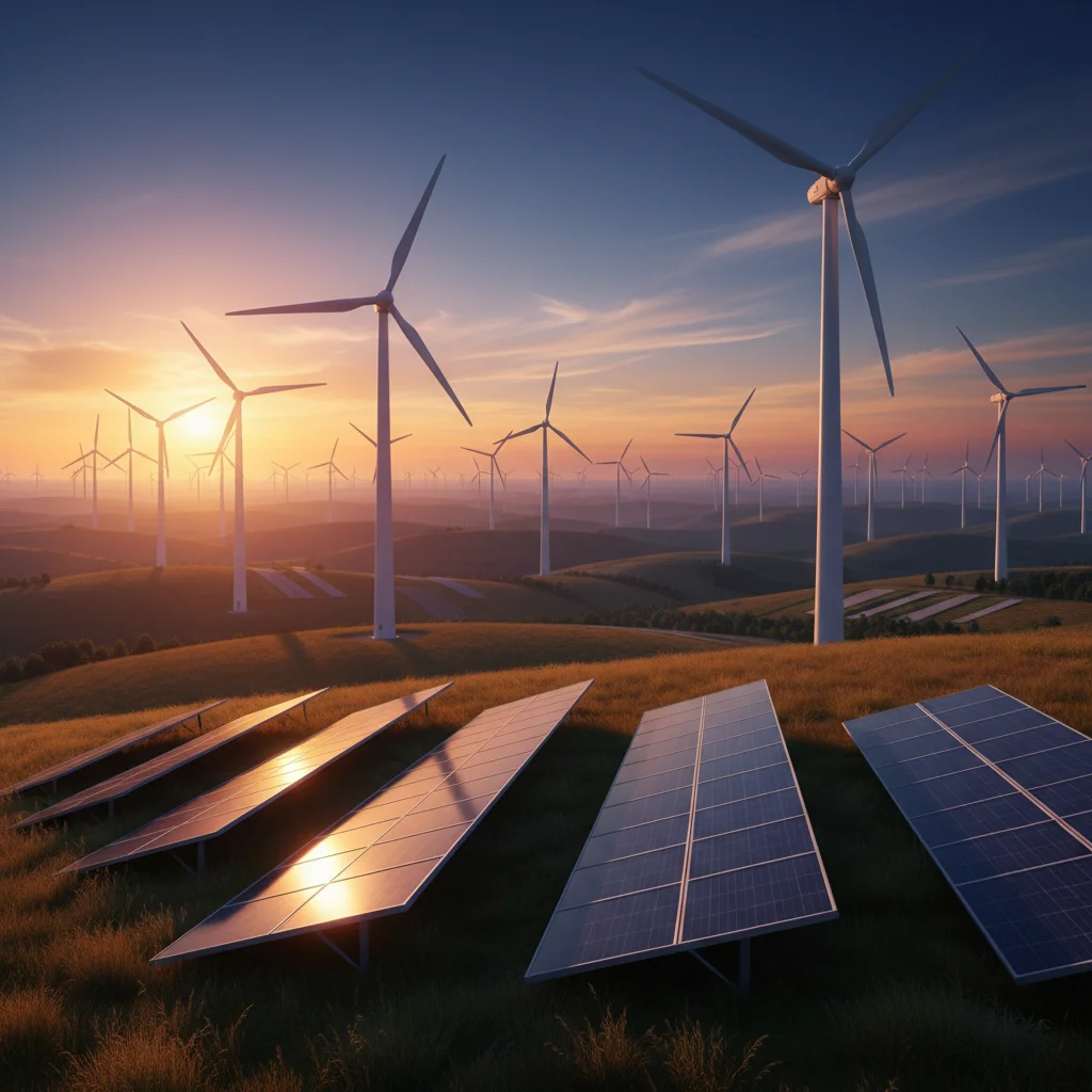 Parque eólico con aerogeneradores y paneles solares al atardecer, símbolo de las energías renovables en España.