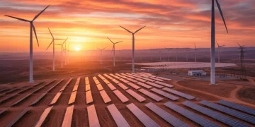 Parque solar y eólico al atardecer, representando la inversión en energías renovables en España.