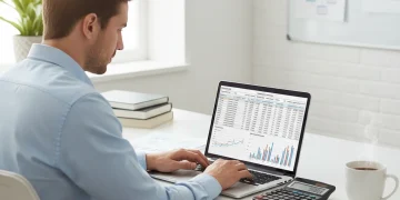 Persona revisando presupuesto para reducir gastos fijos en su ordenador.
