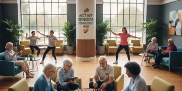 Grupo de personas mayores activas y felices en un centro comunitario, representando el envejecimiento activo de la población española.