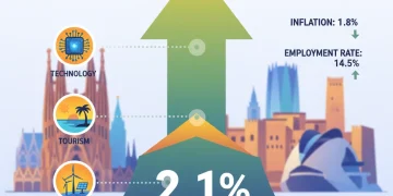Gráfico de crecimiento del PIB español en 2026 y sectores económicos clave.