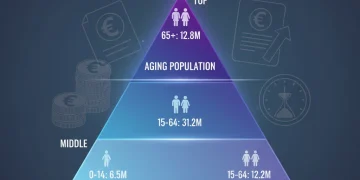 Pirámide poblacional de España en 2026, mostrando el envejecimiento y su impacto en las pensiones.