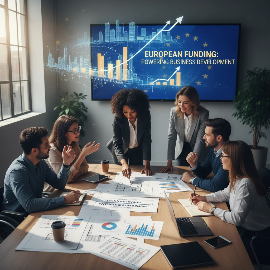Equipo empresarial planificando el crecimiento con el apoyo de las ayudas europeas.