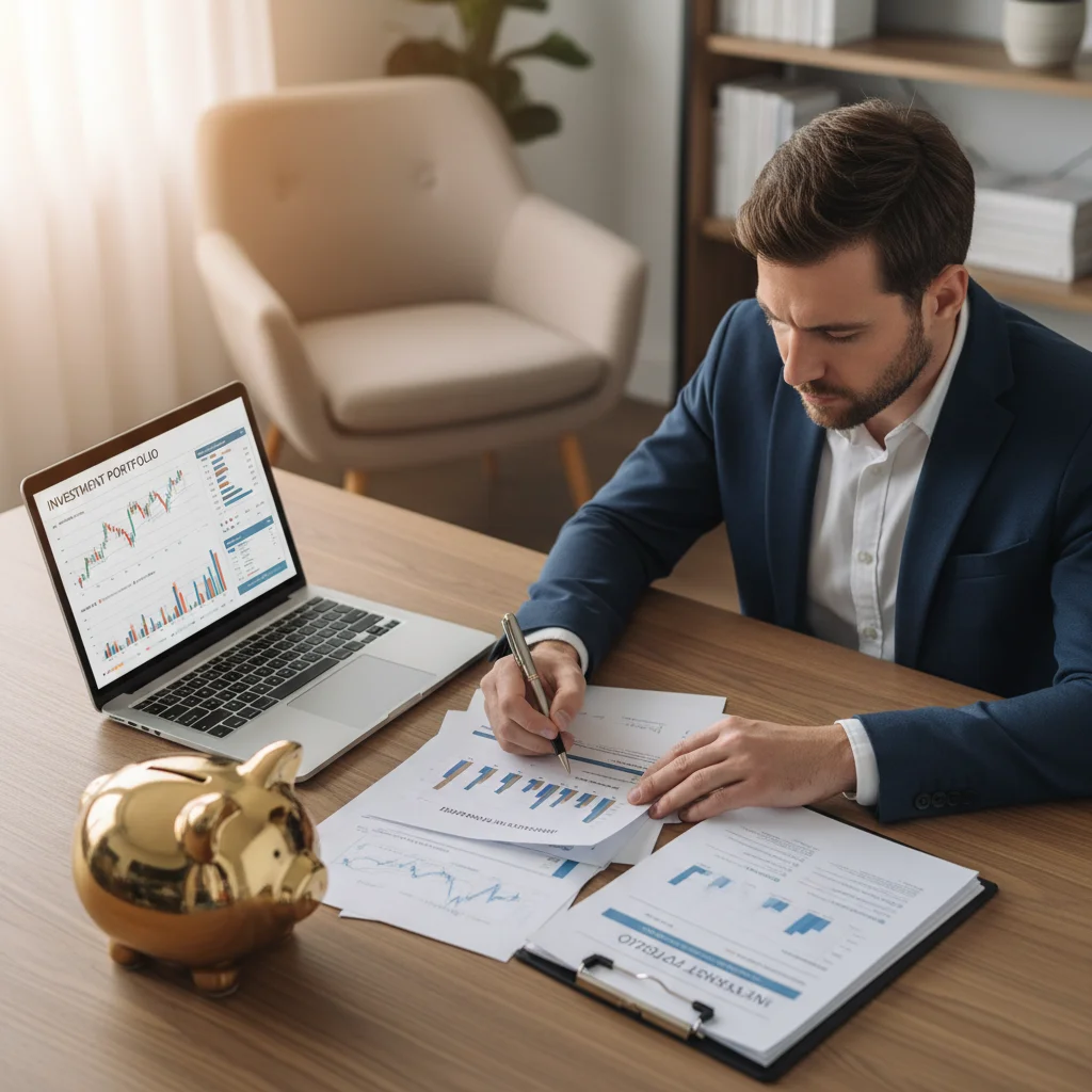 Persona revisando finanzas, inversiones y planificando ahorro