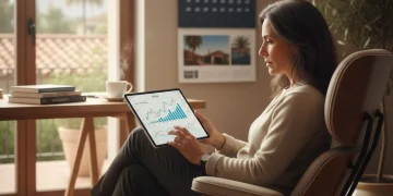 Hombre planificando su jubilación en España para 2026 con un tablet y gráficos financieros.