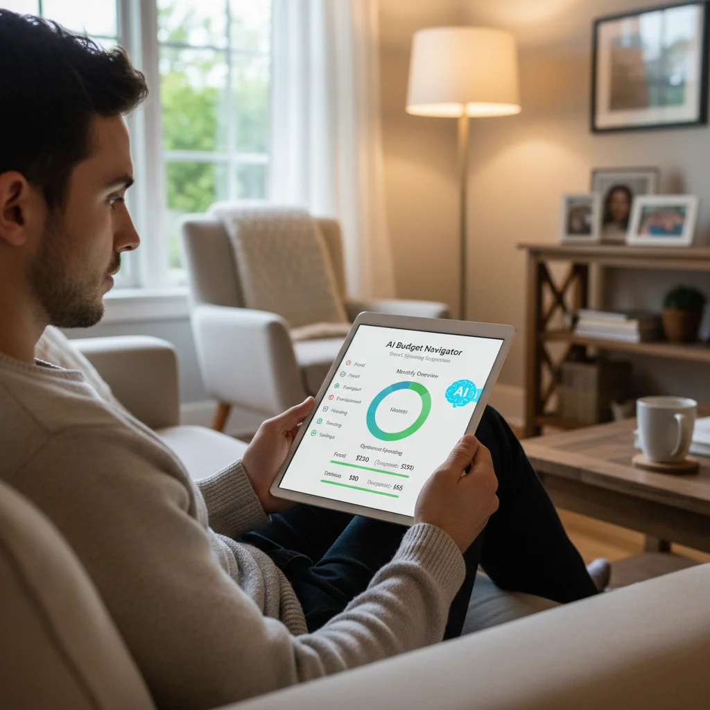 Persona examinando una aplicación de presupuesto con IA en una tablet, mostrando sugerencias de ahorro personalizadas.