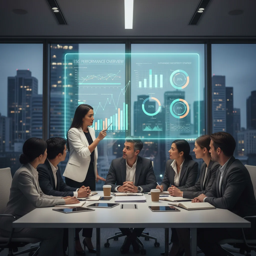 Profesionales analizando datos de criterios ESG e inversión sostenible en una reunión.