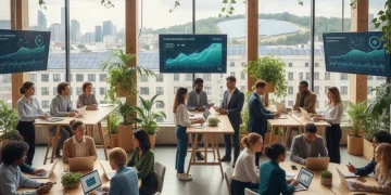 Profesionales colaborando en un entorno de oficina verde, simbolizando el futuro del empleo en la economía sostenible de España.