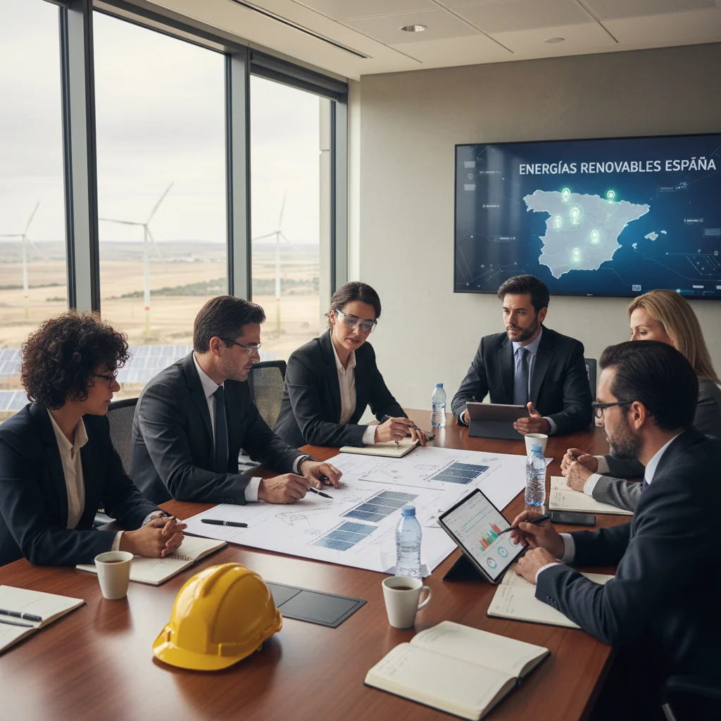 Equipo de profesionales colaborando en estrategia de proyectos de energía renovable en España.