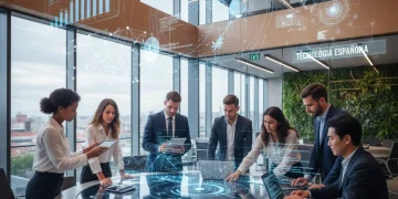 Profesionales colaborando en un entorno digital moderno, simbolizando las habilidades digitales clave para 2026 en España.