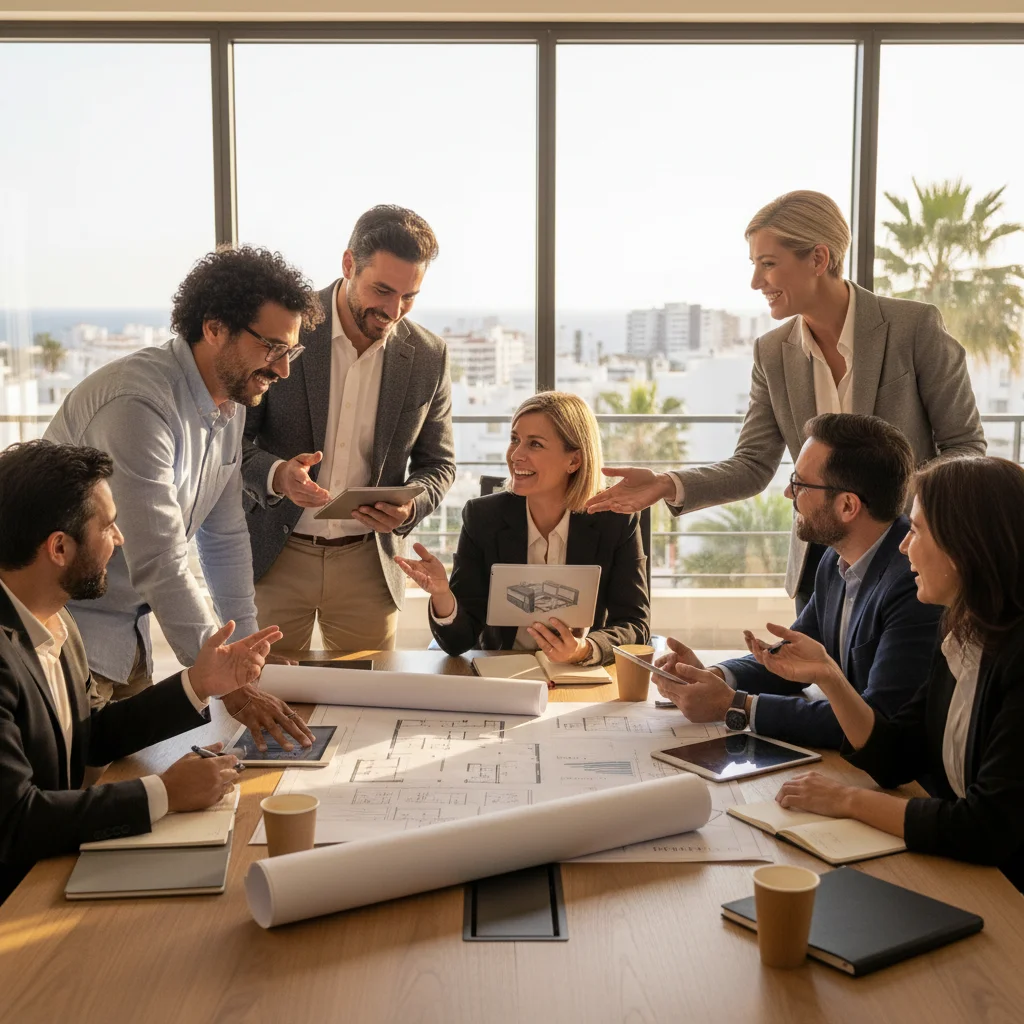 Profesionales del sector inmobiliario analizando planos y proyecciones de inversión en España.