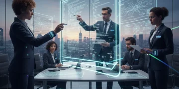 Profesionales tecnológicos colaborando en un entorno digital futurista en España