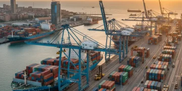 Puerto de Valencia con contenedores y barcos, simbolizando el dinamismo del comercio exterior español y el crecimiento de las exportaciones.