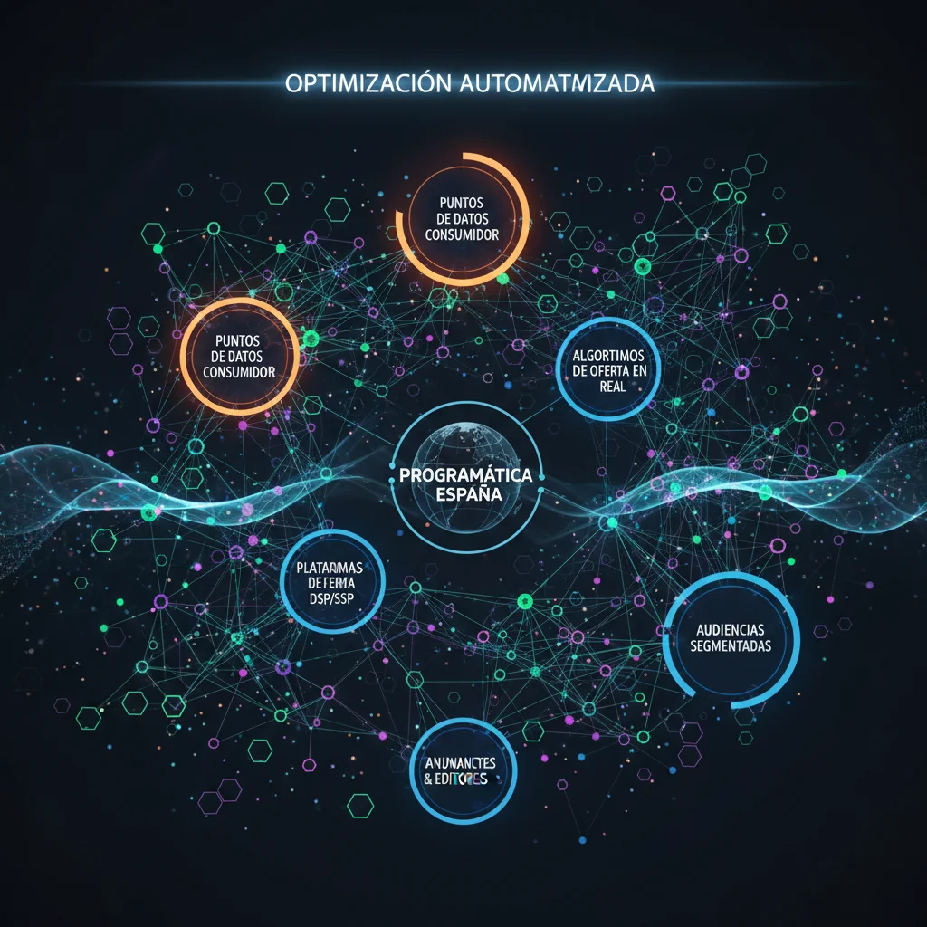 Diagrama de red digital compleja con nodos interconectados que simbolizan datos y algoritmos de publicidad programática.
