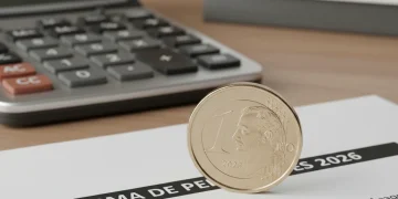 Moneda de euro sobre documento de reforma de pensiones 2026, simbolizando el futuro financiero.