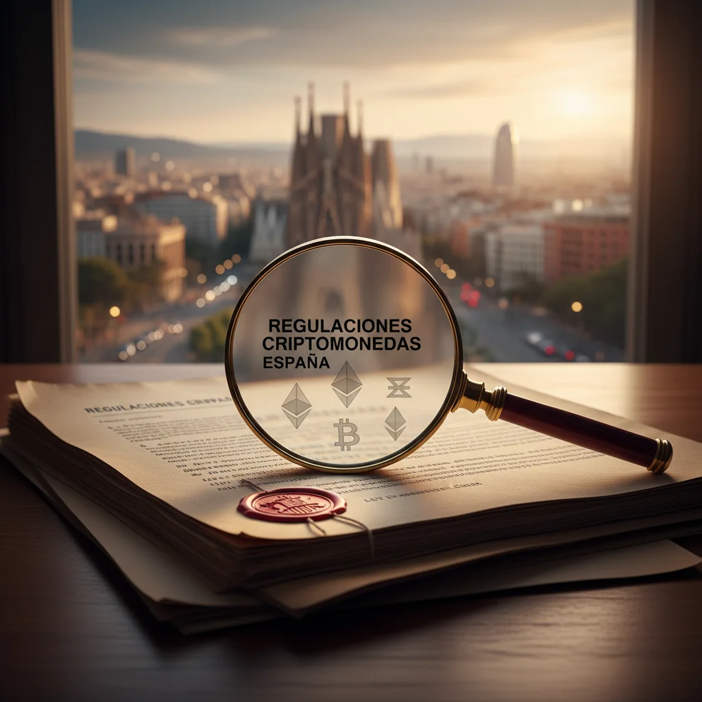 Documentos legales con una lupa, representando la regulación de criptomonedas en España y el impacto en el mercado financiero.