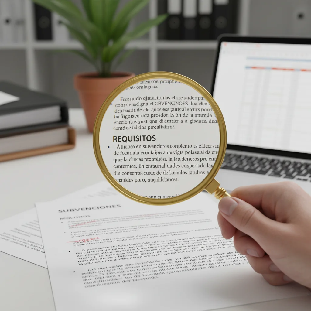 Mano examinando detalladamente los requisitos para acceder a subvenciones de contratación.