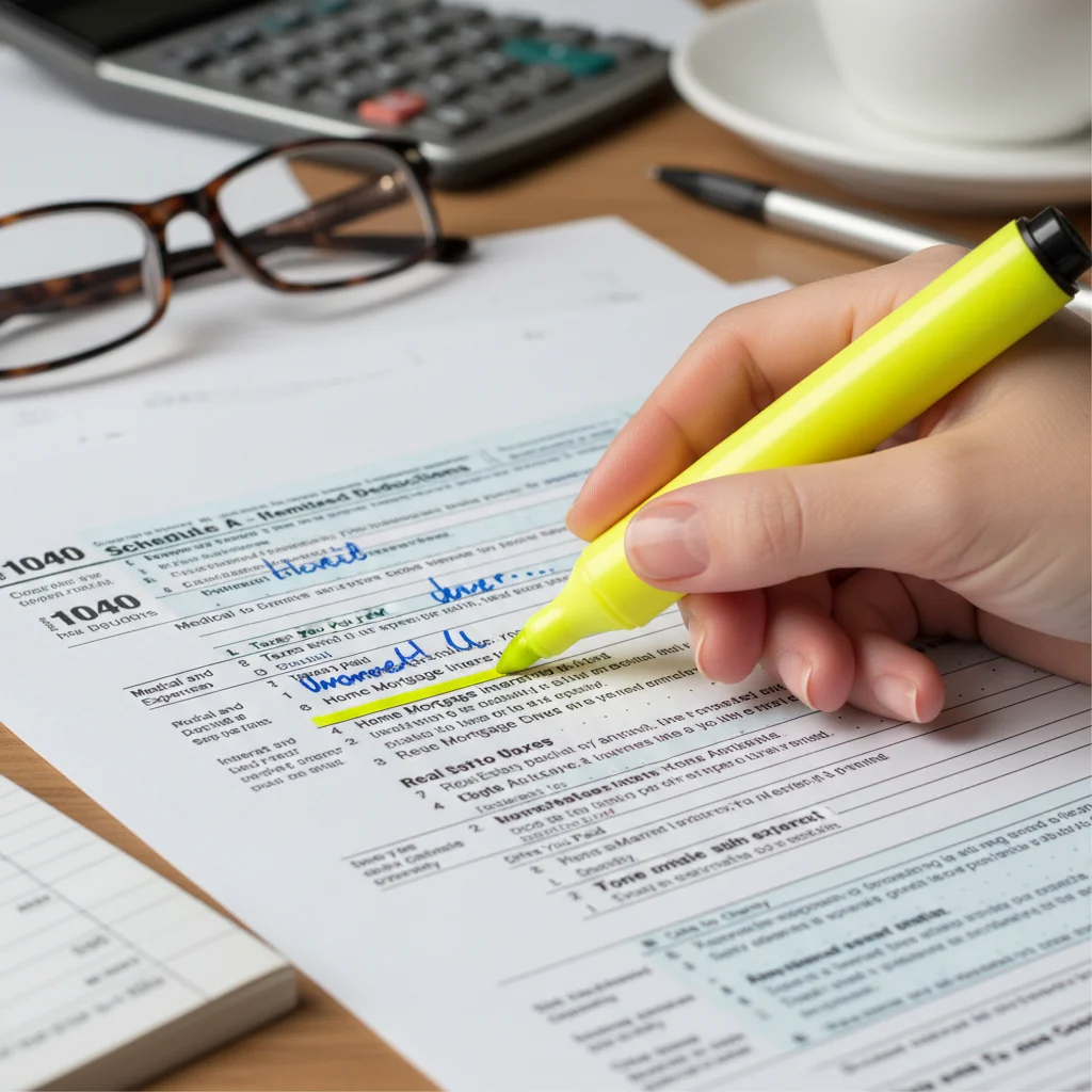 Mano resaltando deducciones en un formulario de la declaración de la renta.