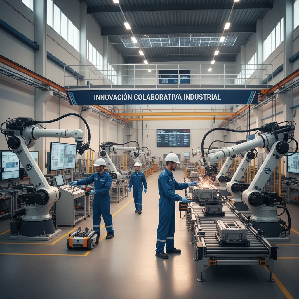Robots industriales y trabajadores colaborando en una fábrica española, simbolizando la automatización y mejora de la productividad.