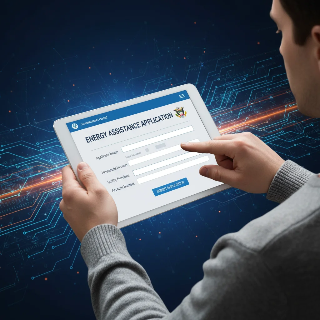 Persona solicitando ayudas energéticas online a través de una tablet en un portal gubernamental.