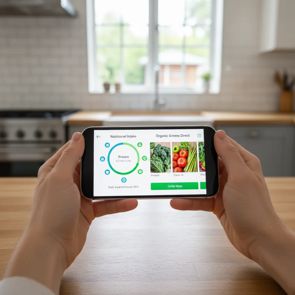 Persona usando una aplicación móvil para monitorear la nutrición o comprar alimentos ecológicos, simbolizando la tecnología en la alimentación saludable.