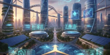 Paisaje urbano futurista de España con gráficos de crecimiento económico y personas interactuando con tecnología avanzada.