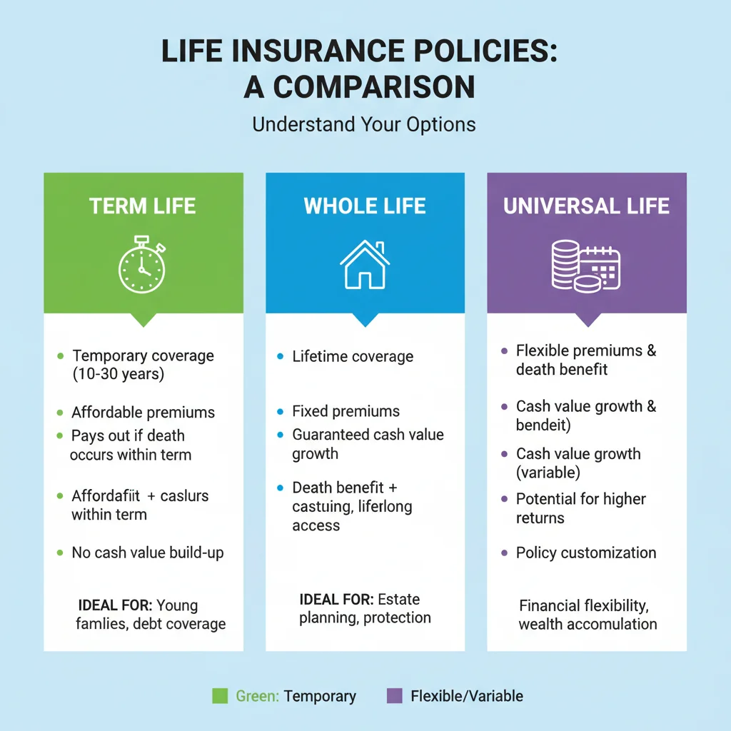 Infografía comparativa de tipos de seguros de vida: temporal, permanente y universal, destacando sus características principales.