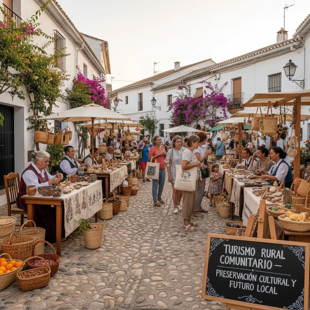 Turistas interactuando con artesanos locales en un pueblo español, representando el turismo comunitario.