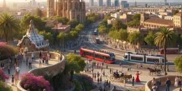 Vista panorámica de un destino turístico español vibrante, con turistas disfrutando y monumentos icónicos.