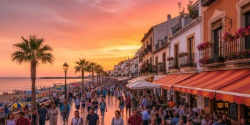 Vista panorámica de una vibrante ciudad costera española al atardecer, reflejando la recuperación del turismo.
