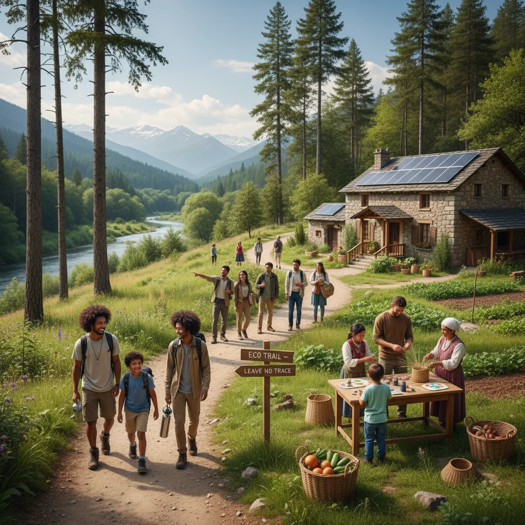 Turistas participando en actividades de turismo sostenible en un entorno natural español.