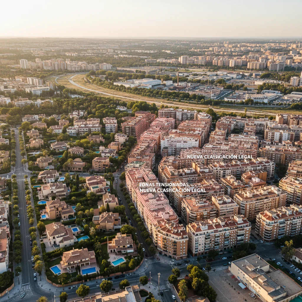 Vista aérea de paisaje urbano español con zonas residenciales diversas y áreas tensionadas señaladas