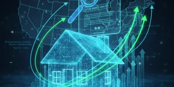 Futuristic house with financial graphs, representing 2026 mortgage market trends in the US.