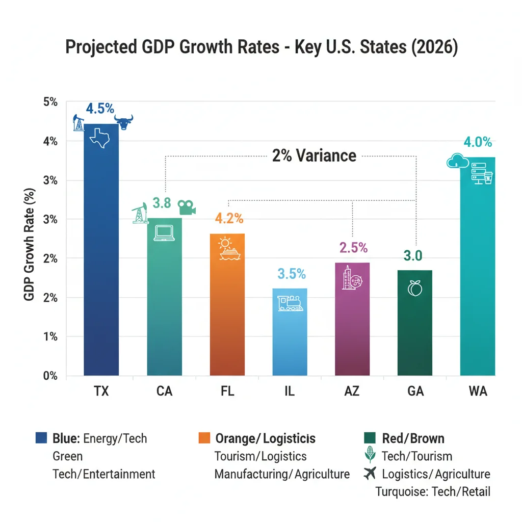 Bar chart comparing 2026 GDP growth rates across various US states.