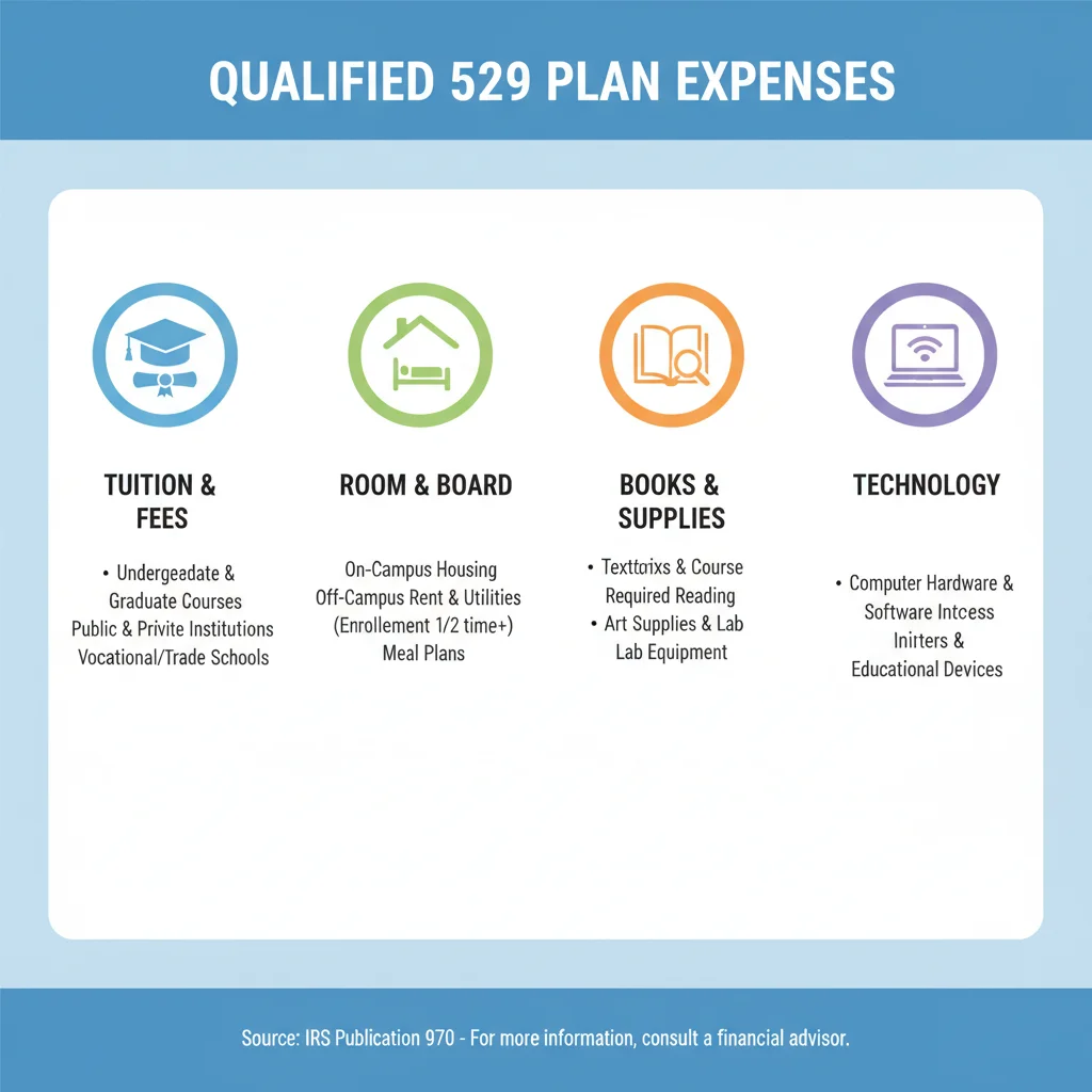 Infographic detailing eligible expenses for 529 college savings plans.