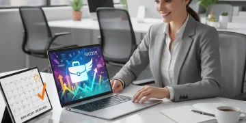 Professional successfully navigating an accelerated job search on a laptop.