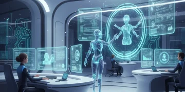 AI-powered customer service center with human agents and holographic interfaces