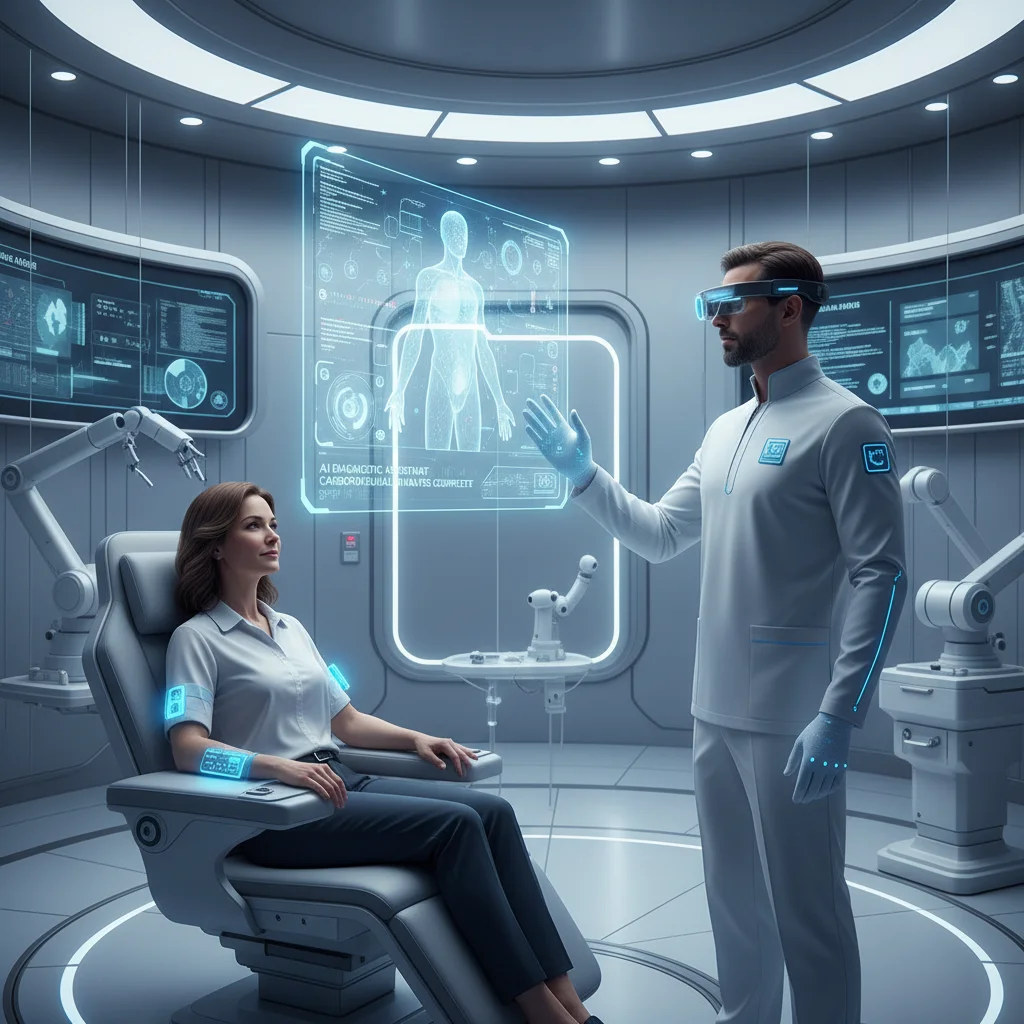 Healthcare professional using AI diagnostics in a futuristic clinic.