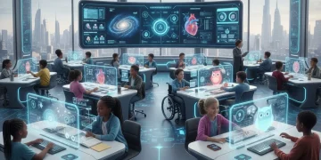 AI in K-12 US Education: Essential Insights for Teachers by 2026 Teachers and students engaging with AI in a modern classroom