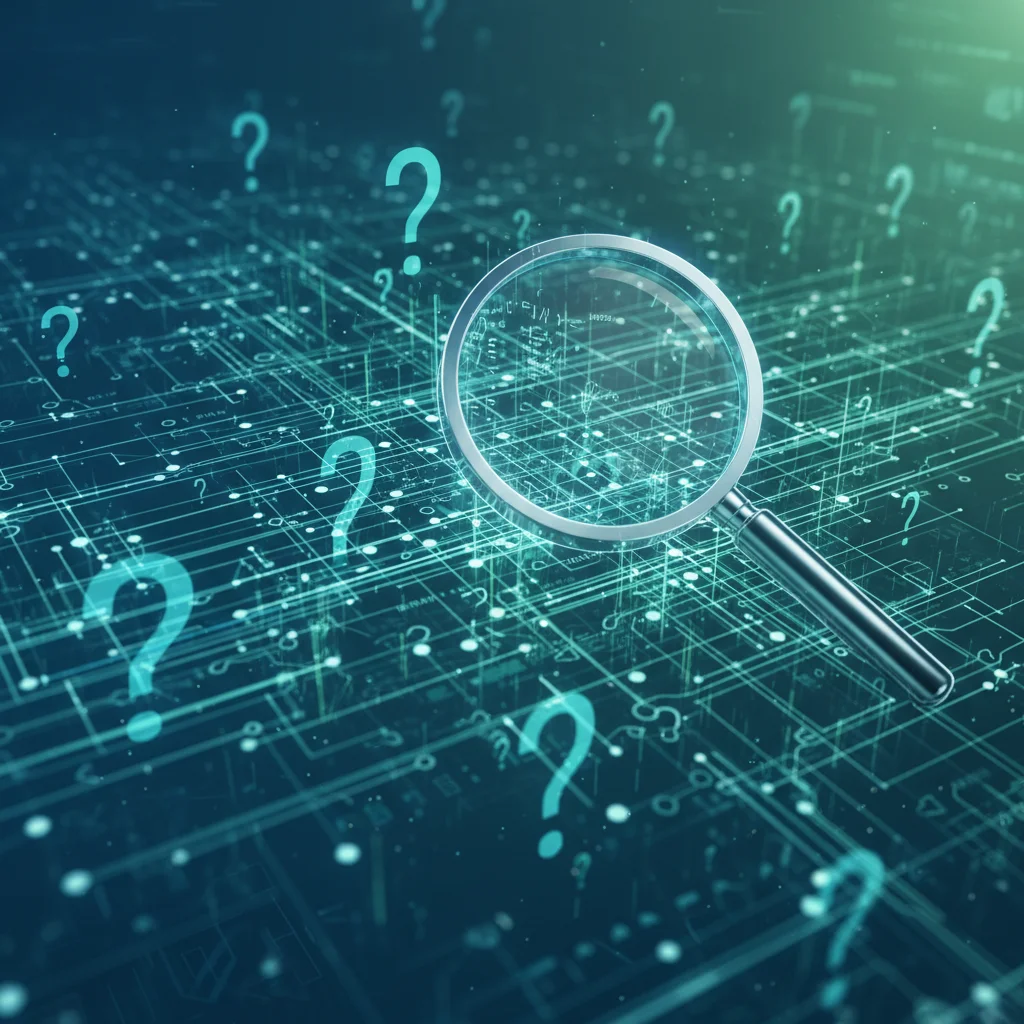 Complex algorithm diagram with question marks, emphasizing AI transparency.